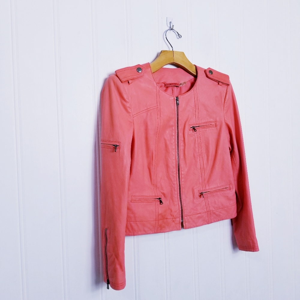 Alice + Olivia Cam Lambskin Leather Biker Jacket XS Coral Orange Moto